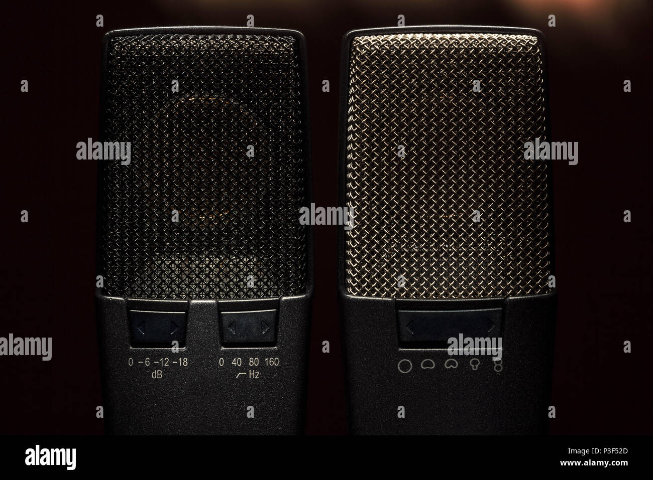 Closeup view on modern condenser microphone, membrane and pattern details. Stock Photo