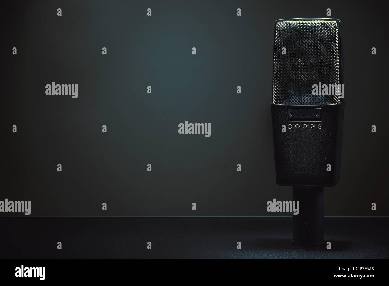 Closeup view on modern condenser microphone, membrane and pattern details. Stock Photo