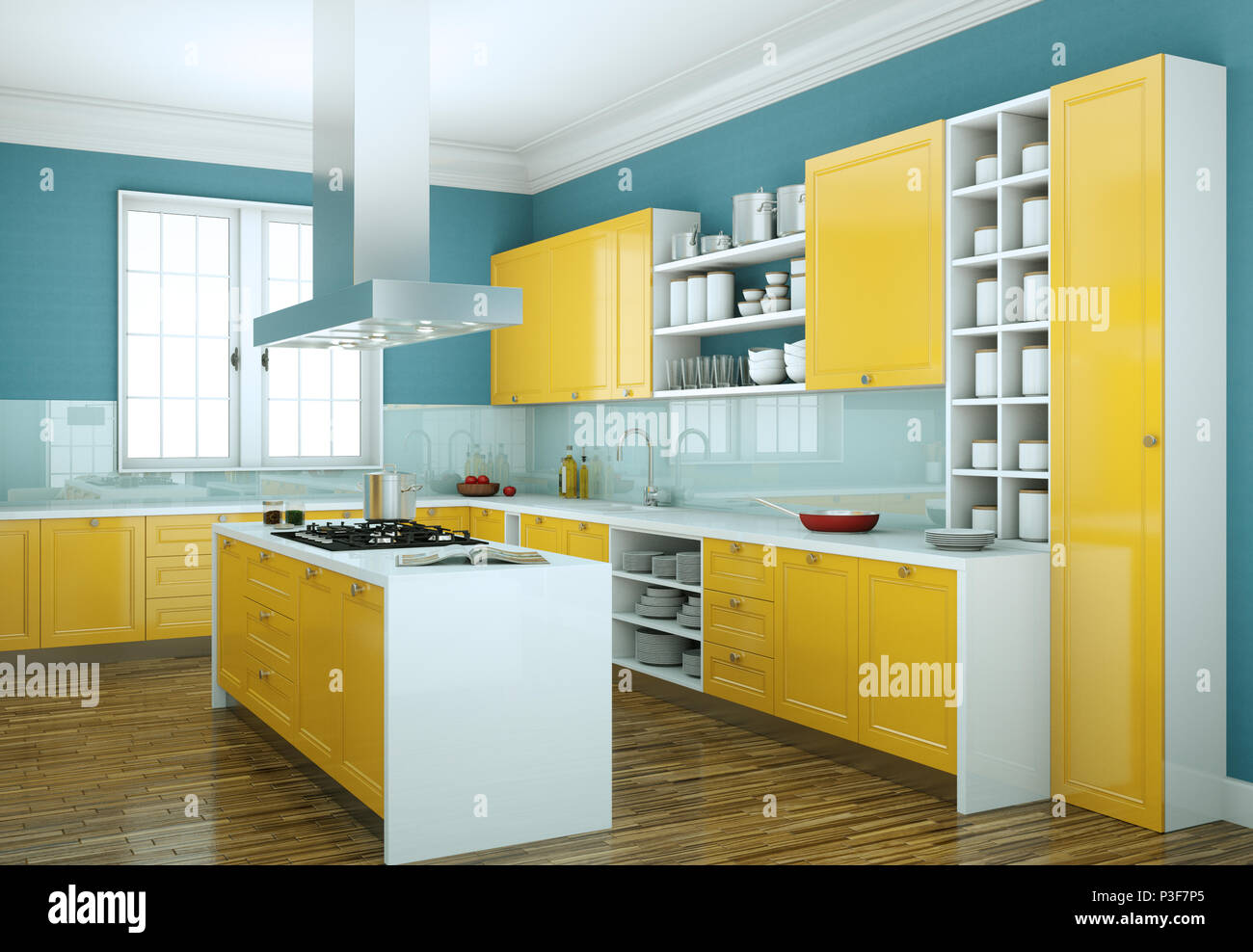 3d Illustration of a modern yellow kitchen interior design Stock Photo ...