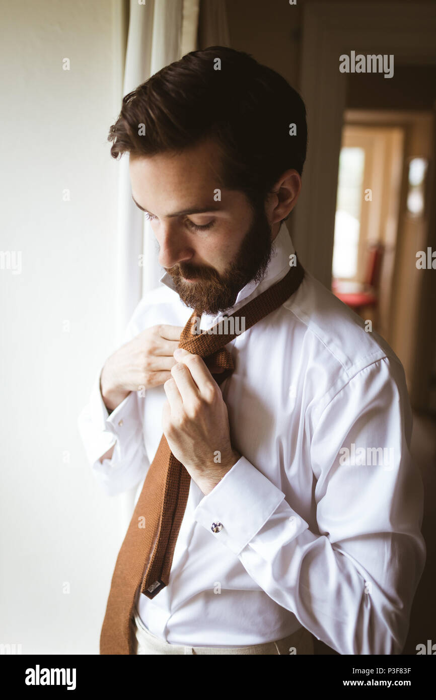 Handsome man tying his tie Stock Photo