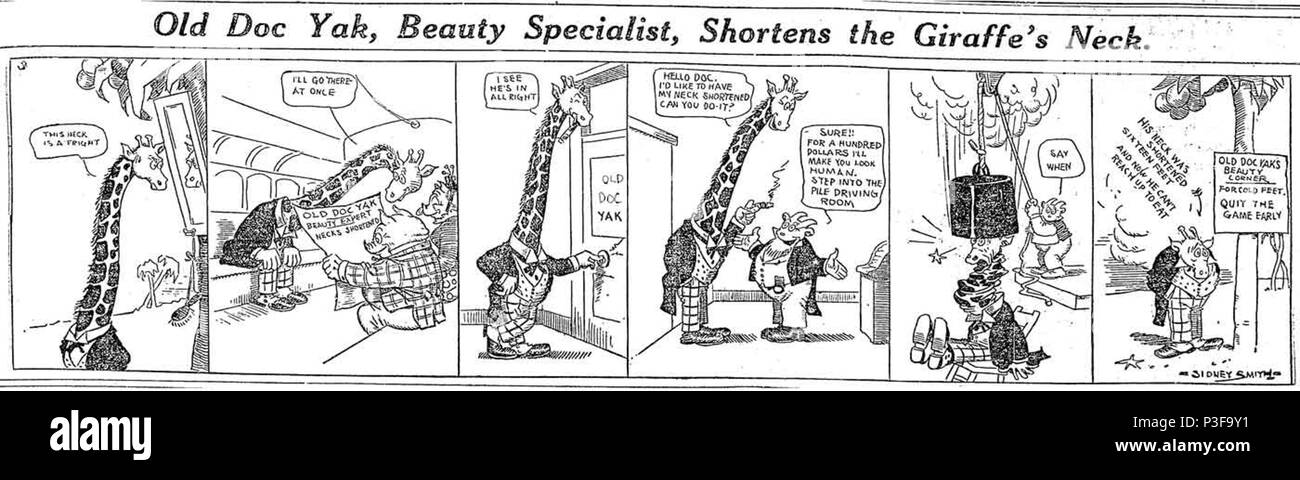 . English: Old Doc Yak, 1912 comic strip: 'Old Doc Yak, Beauty Specialist, Shortens the Giraffe's Neck' . 15 February 1912. Sidney Smith (1877-1935) 4 Yak120215 Stock Photo