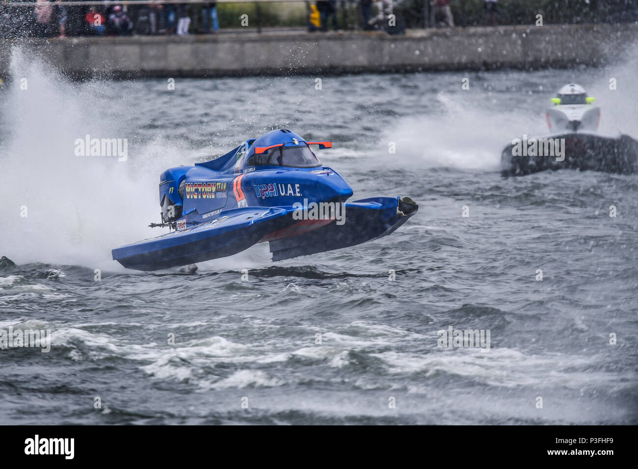 Alex Carella driving for Victory racing in the F1H2O Formula 1 Powerboat Grand Prix of London at Royal Victoria Dock, Docklands, Newham, London, UK Stock Photo
