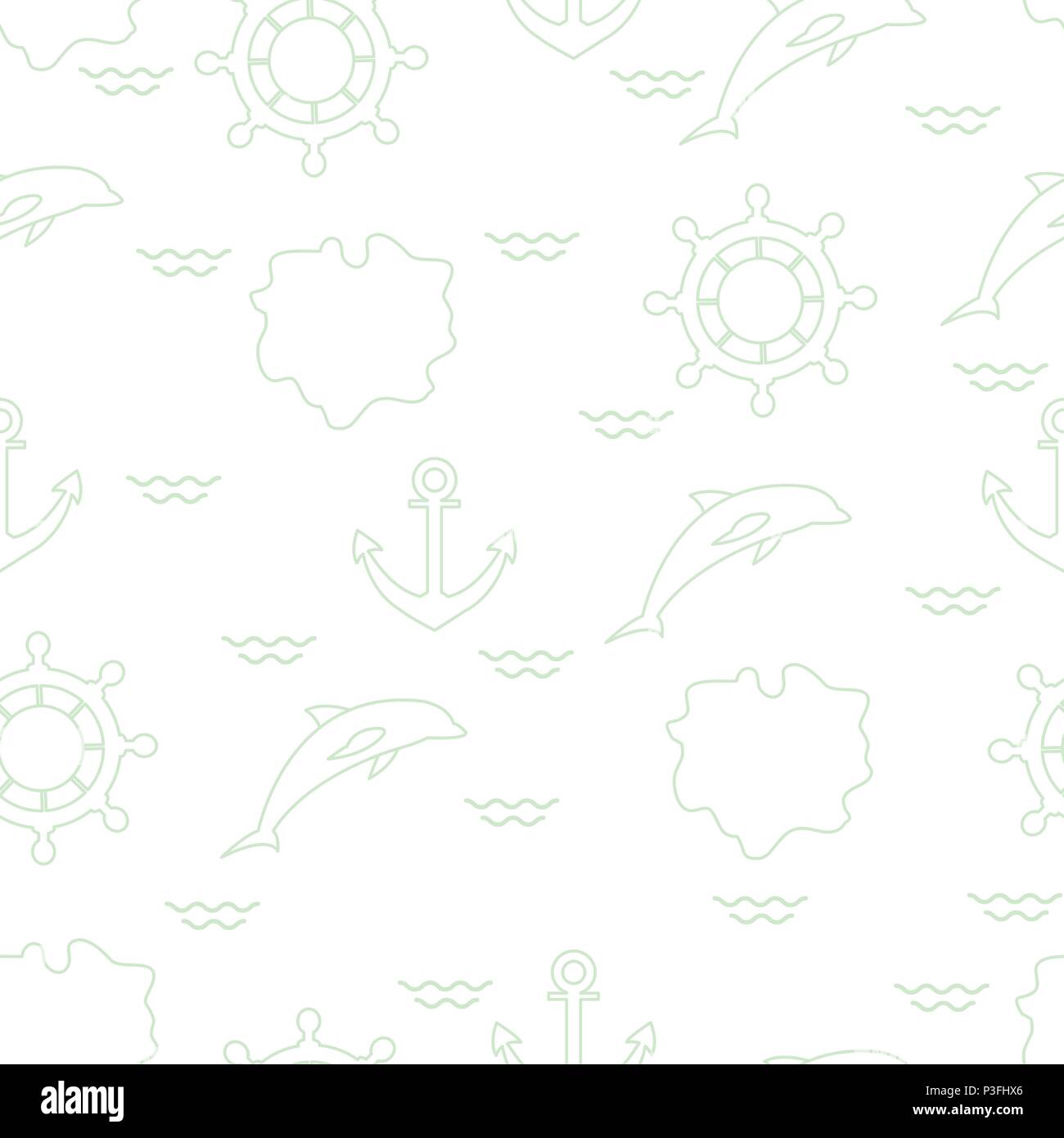 Seamless pattern with dolphins, anchors, steering wheels, waves, islands. Summer leisure. Stock Vector