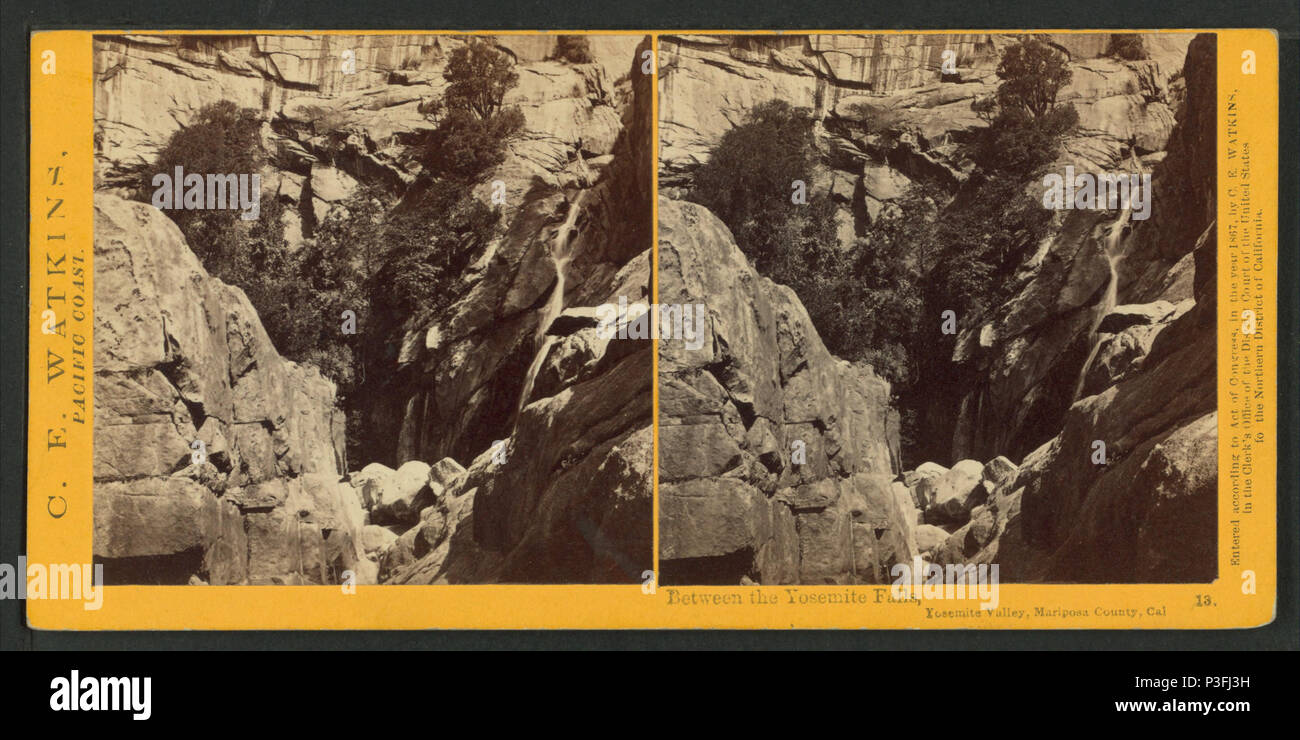 34 Between the Yosemite Falls, Yosemite Valley, Mariposa County, Cal, by Watkins, Carleton E., 1829-1916 Stock Photo