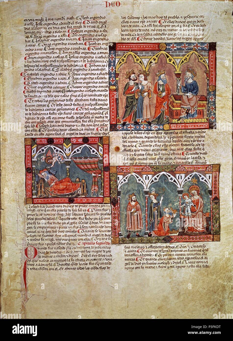 HISTORIA GENERAL DE ALFONSO X - HERODES Y LOS MAGOS- REVELACION EN SUEÑOS- EPIFANIA-S XIII. Author: Alfonso X of Castile the Wise (1221-1284). Location: MONASTERIO-BIBLIOTECA-COLECCION, SAN LORENZO DEL ESCORIAL, MADRID, SPAIN. Stock Photo