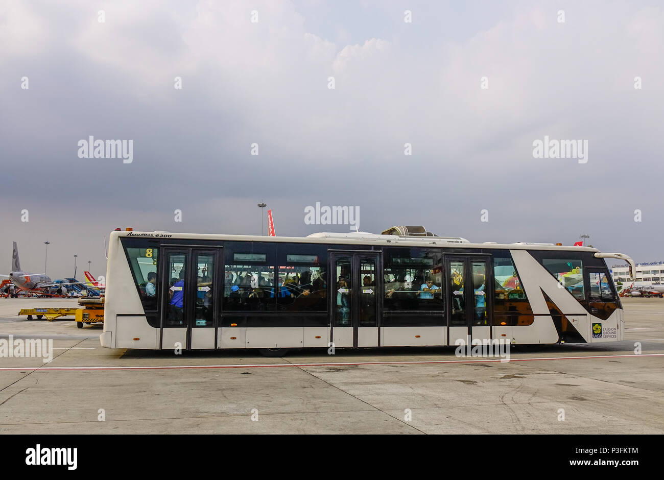 Saigon, Vietnam - Apr 17, 2018. A passenger bus running at Tan Son Nhat