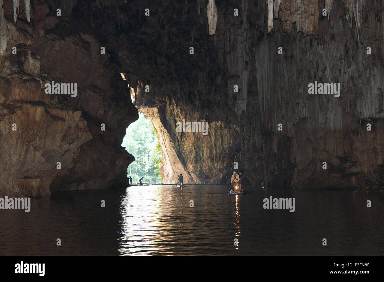 Bamboo rafts at cave entrance Tham Lod Caves Mae Hong Son Province Northern Thailand Stock Photo