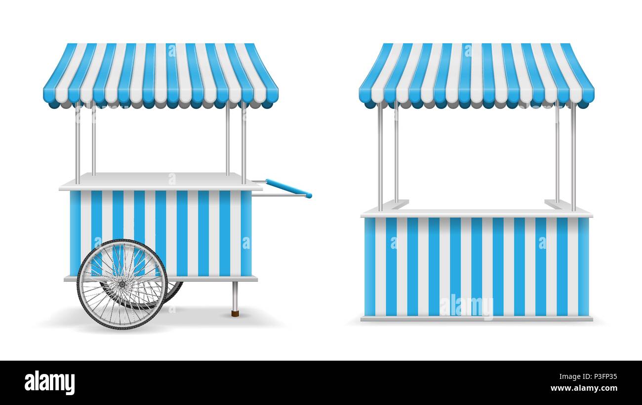 Realistic set of street food kiosk and cart with wheels. Mobile blue market stall template. Farmer kiosk shop mockup. Vector illustration Stock Vector