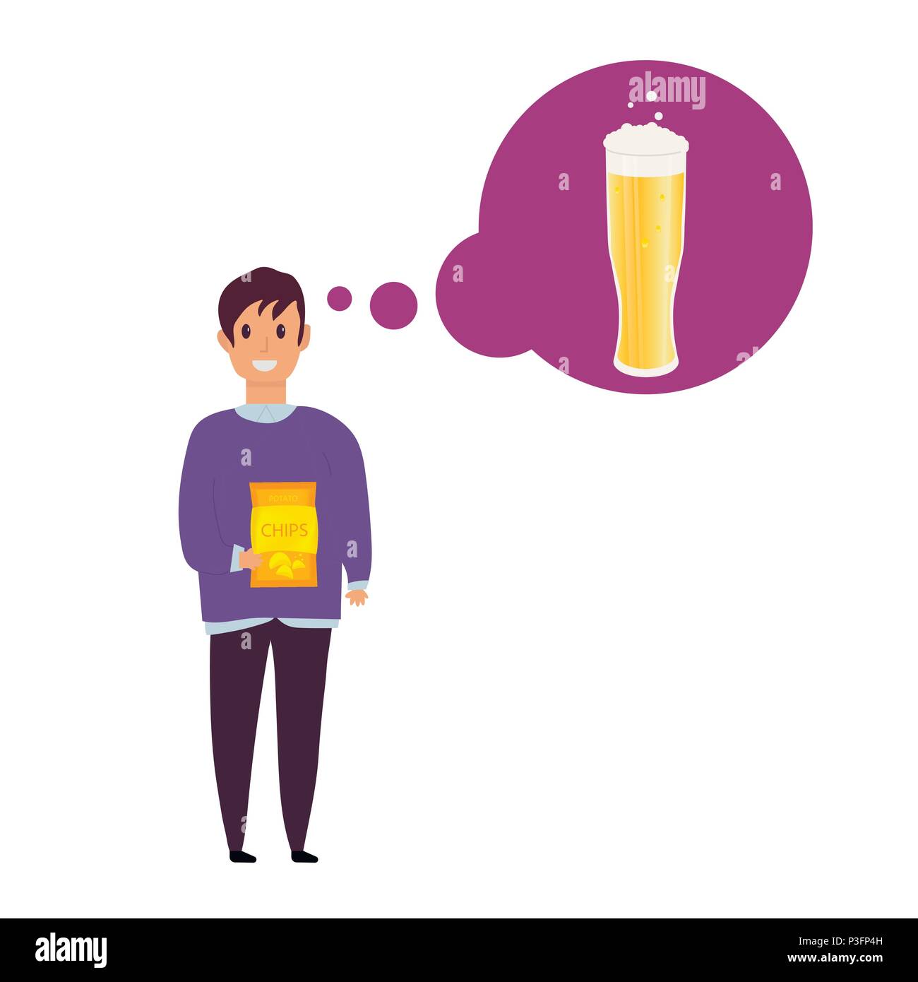 Young man with  beer bottle, mugs and glasses. Vector icon with alcoholic beverages. Wheat beer, lager, craft beer, ale. Stock Vector