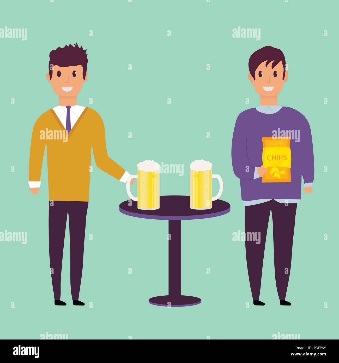 Young man with  beer bottle, mugs and glasses. Vector icon with alcoholic beverages. Wheat beer, lager, craft beer, ale. Stock Vector