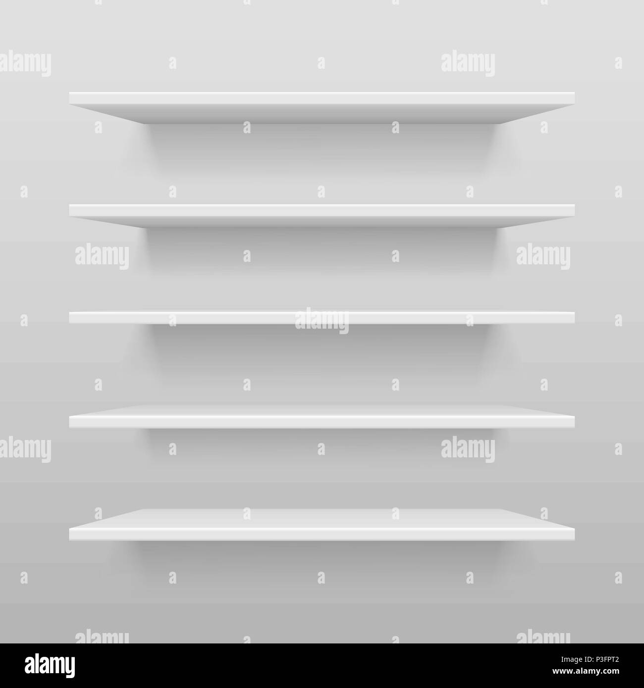 Empty white shop or exhibition shelf, retail white shelves mockup. Realistic vector bookshelf with shadow on wall, 3d Bookshelf store or shop vector illustration Stock Vector