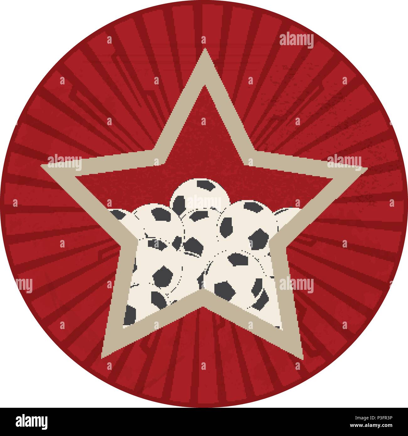 Vintage Red Circular Border with Red Star Filled with Football Soccer Balls Stock Vector