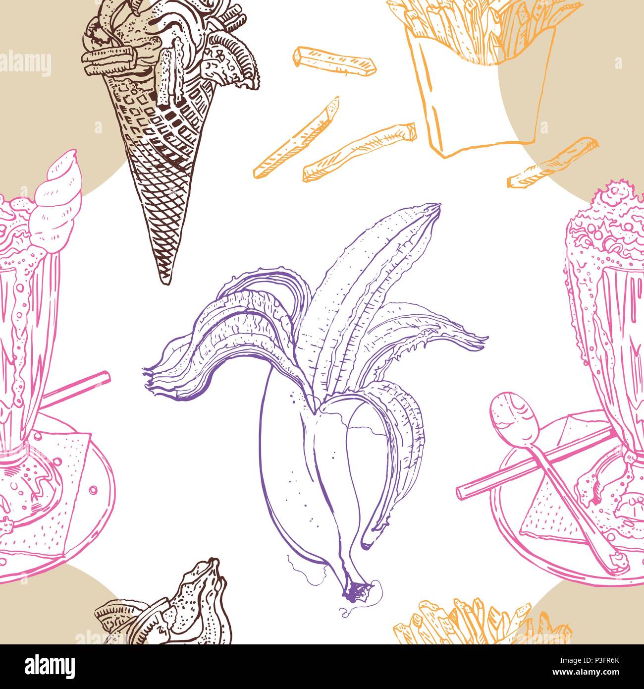 Snacks and desserts retro style seamless pattern: milk shake, ice cream, banana, french fries. Line art, outline, chocolate, pink, orange, beige, purple. Hand drawn sketchy vector illustration. Stock Vector