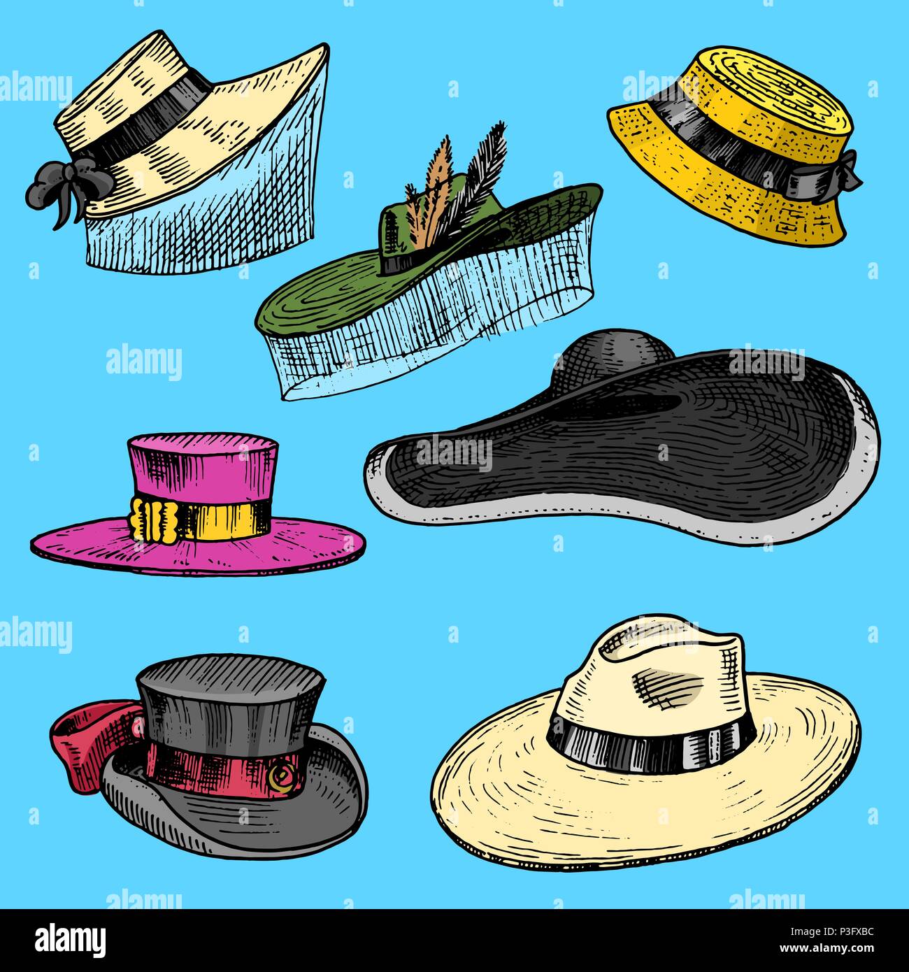 Summer Hats collection for elegant woman, female and ladies. Retro fashion vintage set. Breton Panama, Broad-brim, Slouch Cloche, Poke bonnet. Hand drawn engraved vintage sketch. Stock Vector