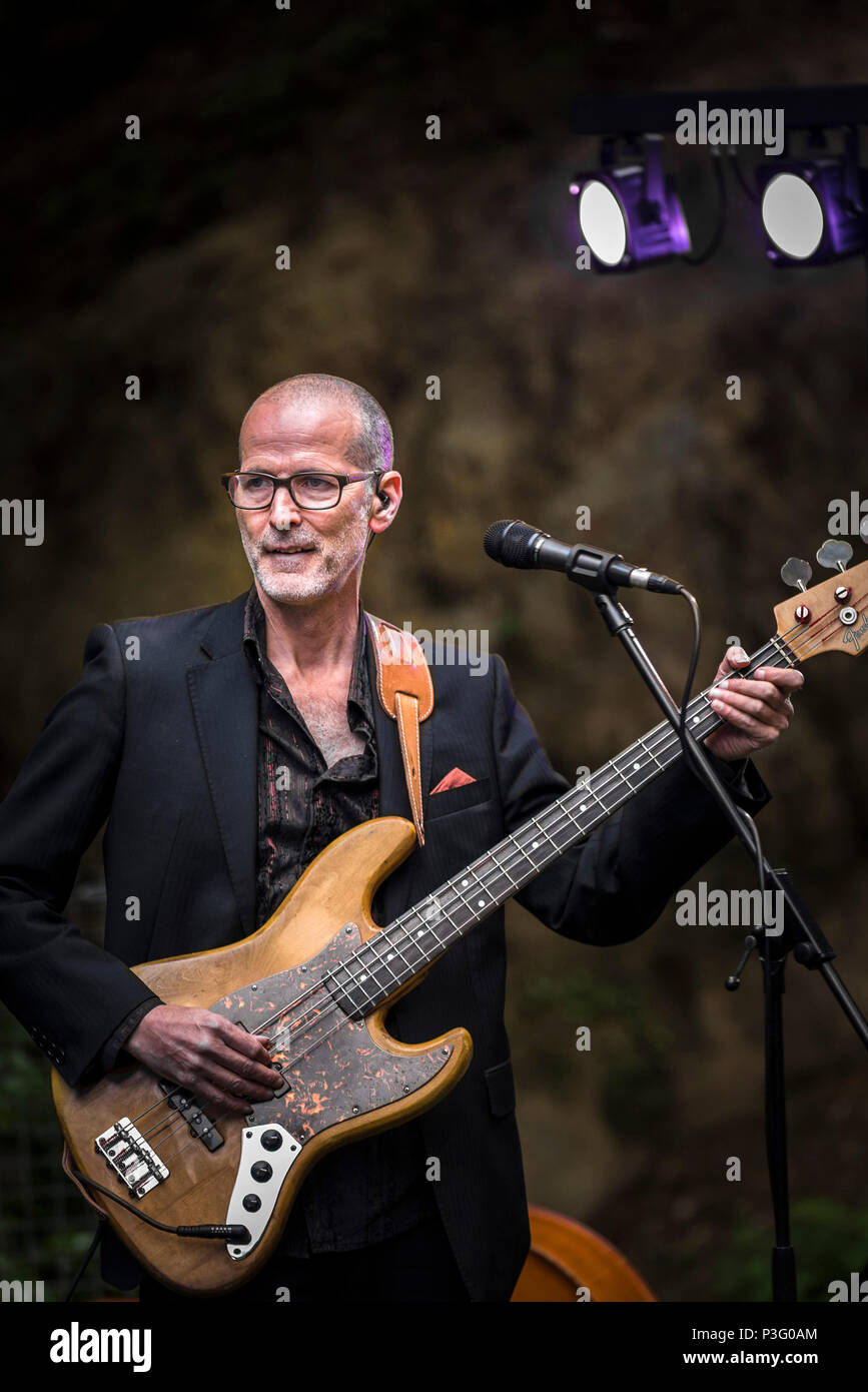 Yan Speake bassist with The Grace Notes performing at Trebah Garden amphitheatre in Cornwall. Stock Photo