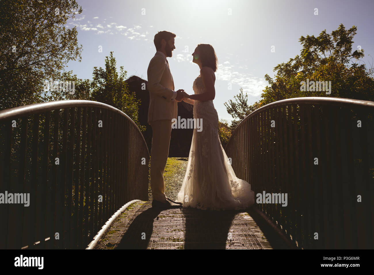 Bride and groom holding hands on the footbridge Stock Photo