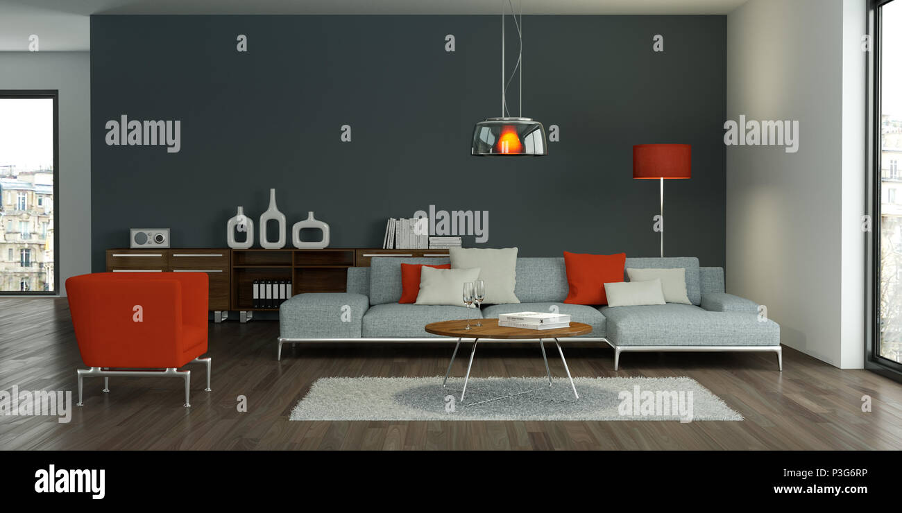 modern grey interior design living room 3d Illustration Stock Photo - Alamy