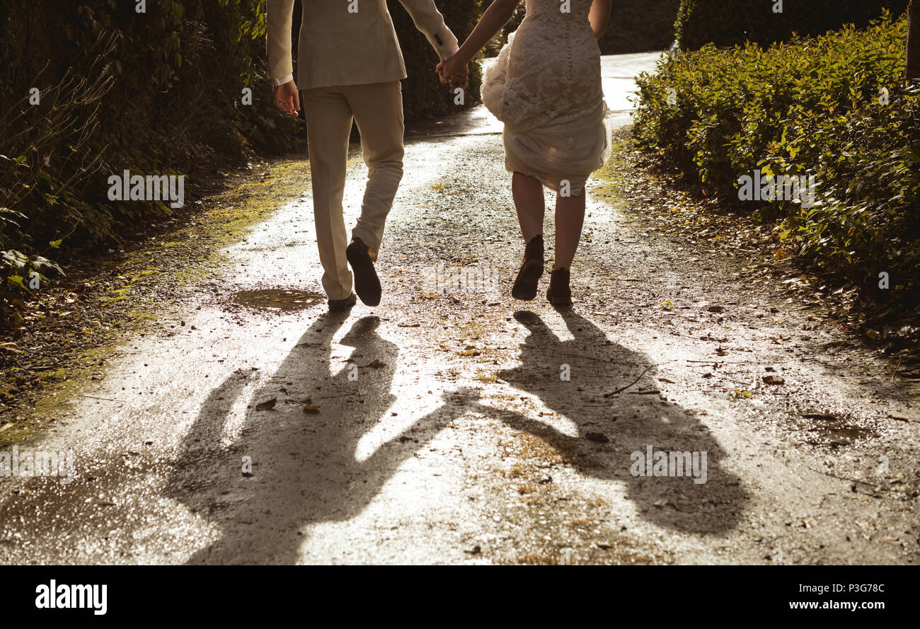 Bride and groom walking hand in hand in the garden Stock Photo - Alamy