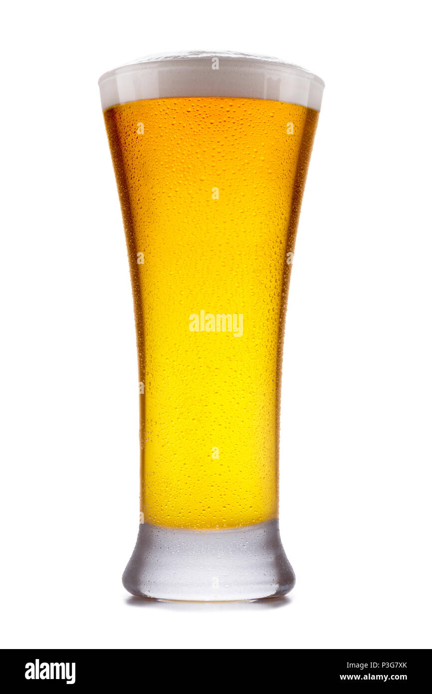 A refreshing glass of Lager, with condensation on glass, shot on white Stock Photo