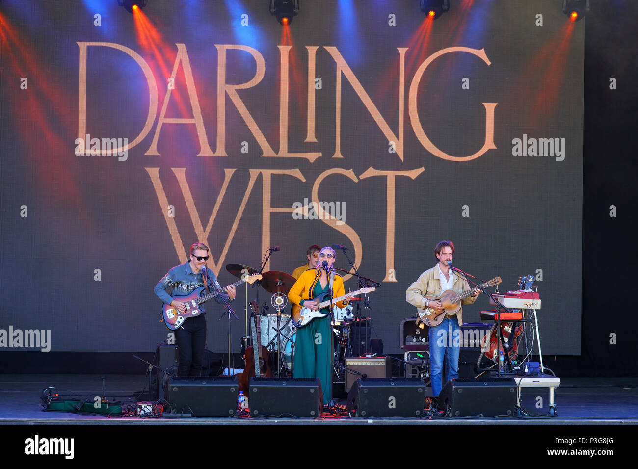 Norway, Oslo - June 16, 2018. The Norwegian folk and country band Darling West performs a live concert during the Norwegian music festival Piknik i Parken 2018 in Oslo. Here vocalist and singer Mari Sandvær Kreken is seen live on stage with musician Tor Egil Kreken (L). (Photo credit: Gonzales Photo - Stian S. Moller). Stock Photo