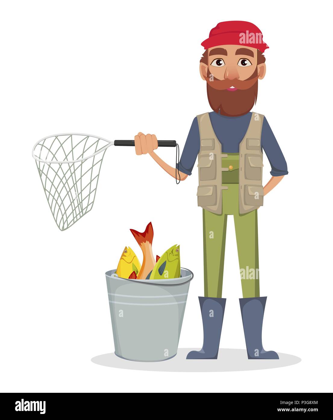 Fisher cartoon character. Fishermen holding nettle and standing near bucket  full of fish. Vector illustration on white background Stock Vector Image &  Art - Alamy