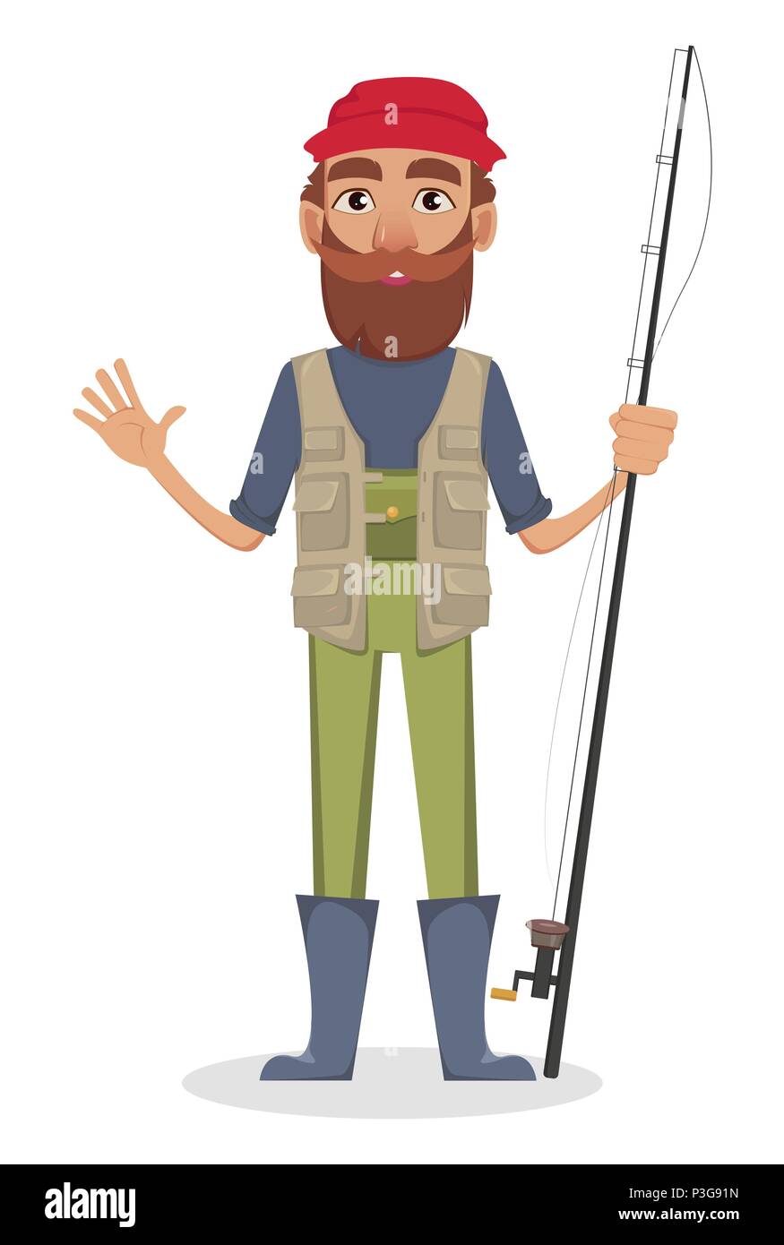 Fisher cartoon character. Fishermen holding fishing rod and waving