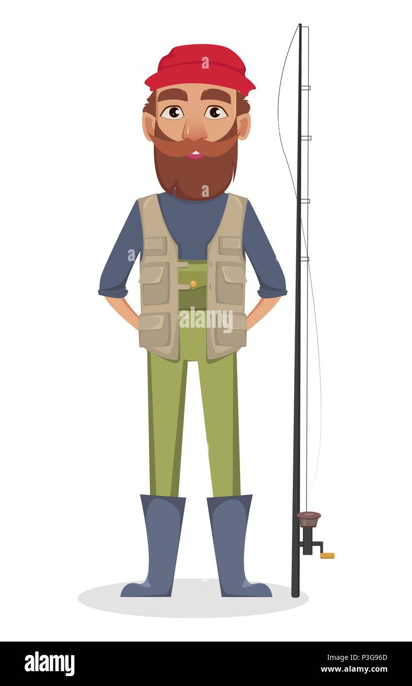 Fisher cartoon character. Fishermen standing near fishing rod. Vector ...