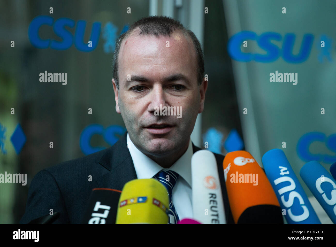 Munich, Germany. 18th June, 2018. The head of the conservative faction in the EU parliament Manfred Weber makes a statement. The Christian Social Union (CSU) held a board meeting, where they discussed about the argue with German Chancellor Angela Merkel and her Christian Democratic Union about the refugee crisis and migration. Credit: Alexander Pohl/Pacific Press/Alamy Live News Stock Photo