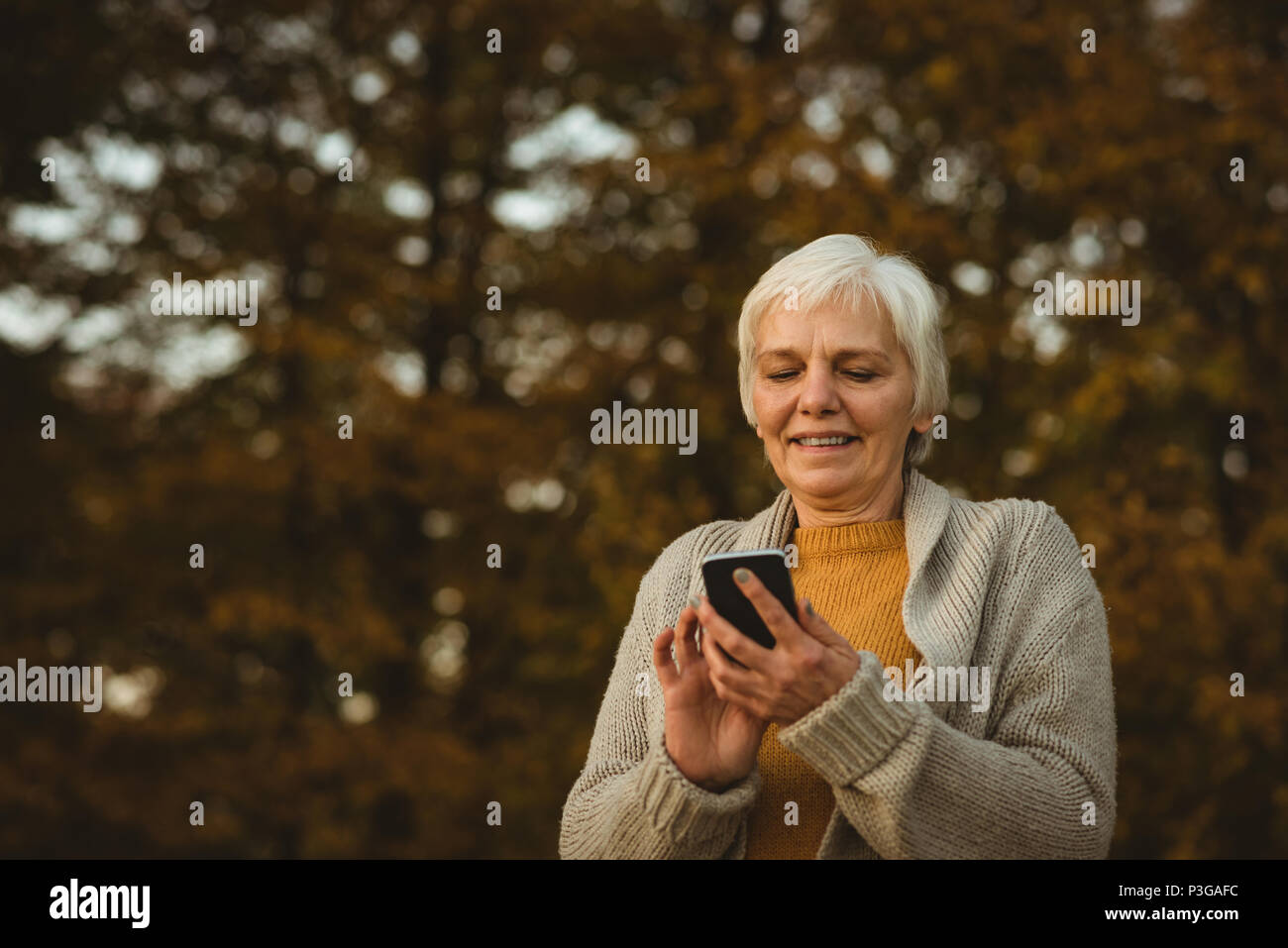 Senior woman using a smart phone in a park Stock Photo