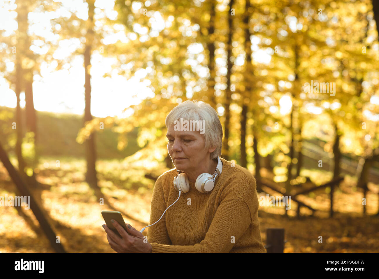 Senior woman using her mobile phone in the park Stock Photo