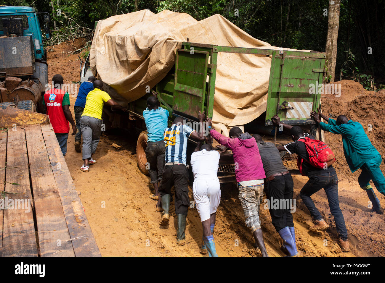 stuck in the mud on a rainy season logging road near Kribi, Cameroon Stock Photo