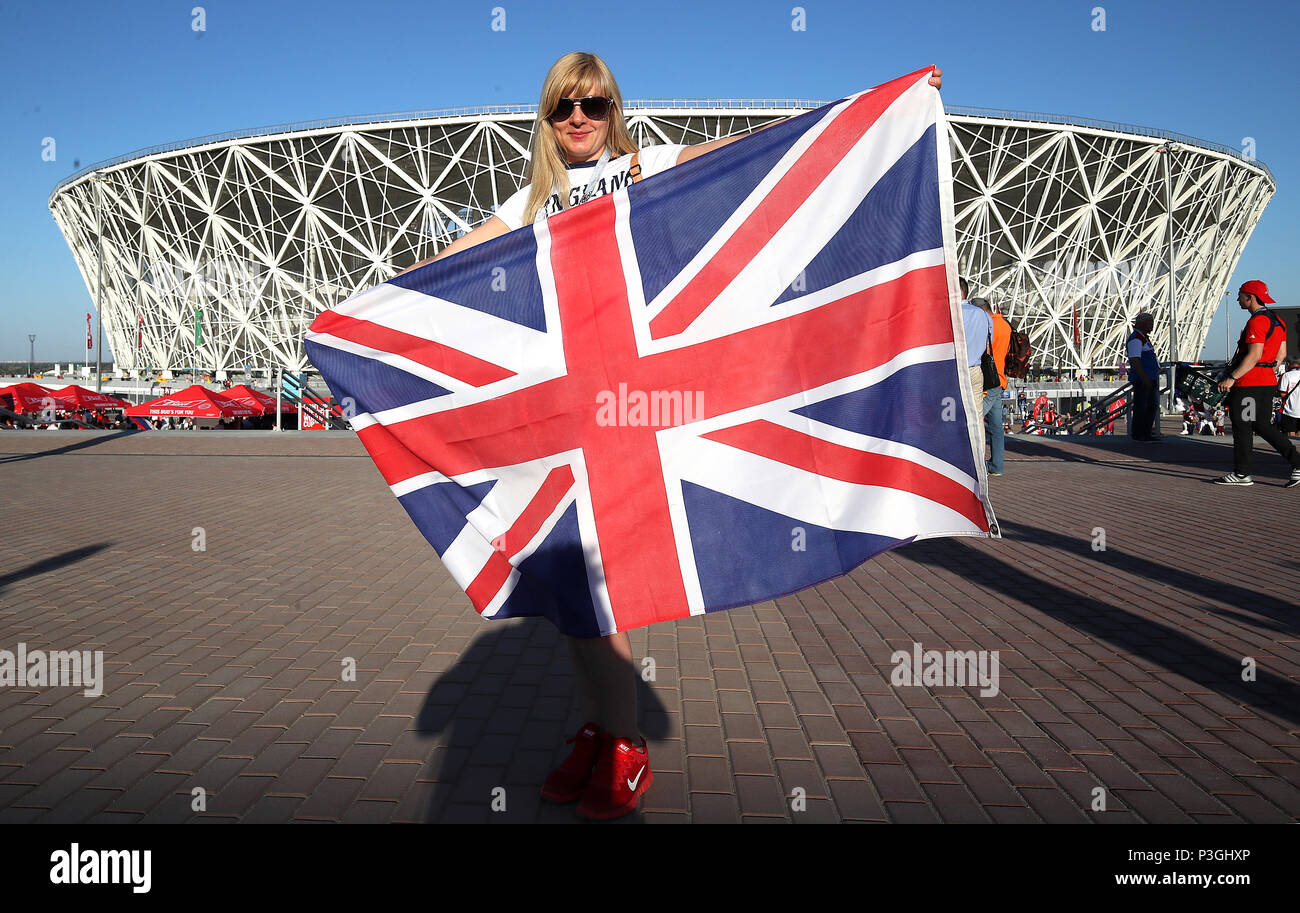 England fan poses with a flag outside the Volgograd Arena prior to the ...