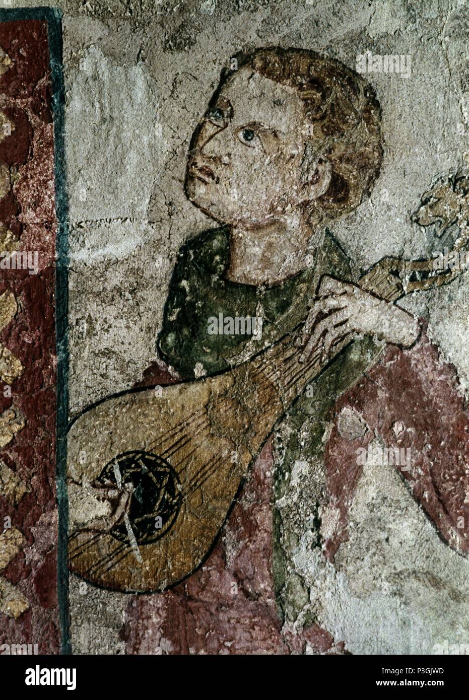 Spanish school. Detail of Passion: Medieval lute player. Mural painting from the Pamplona Cathedral refectory. Pamplona, Navarra museum. Author: Juan Oliver (14th cent.). Location: MUSEO DE NAVARRA, PAMPLONA, NAVARRA, SPAIN. Stock Photo
