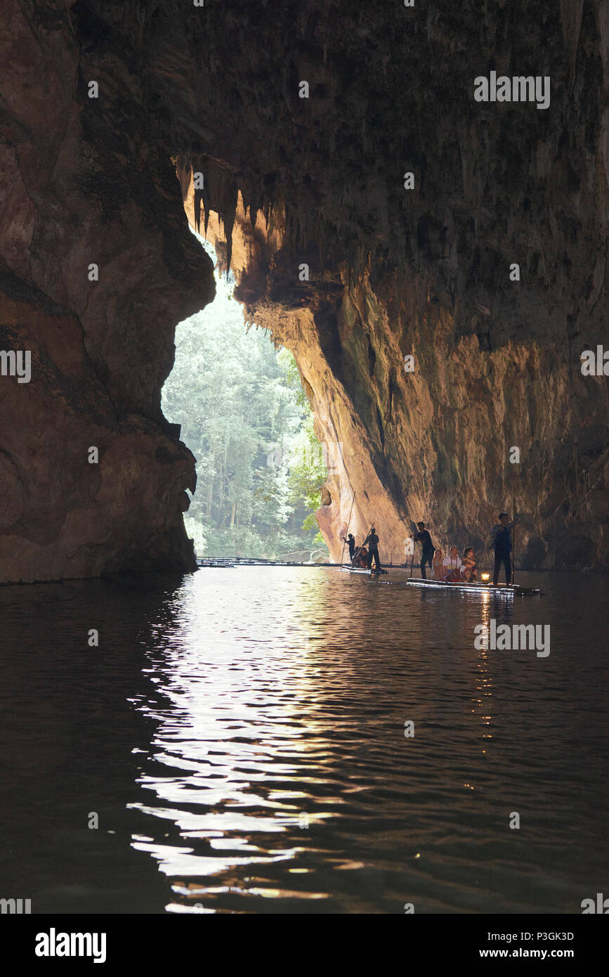 Bamboo rafts at cave entrance Tham Lod Caves Mae Hong Son Province Northern Thailand Stock Photo