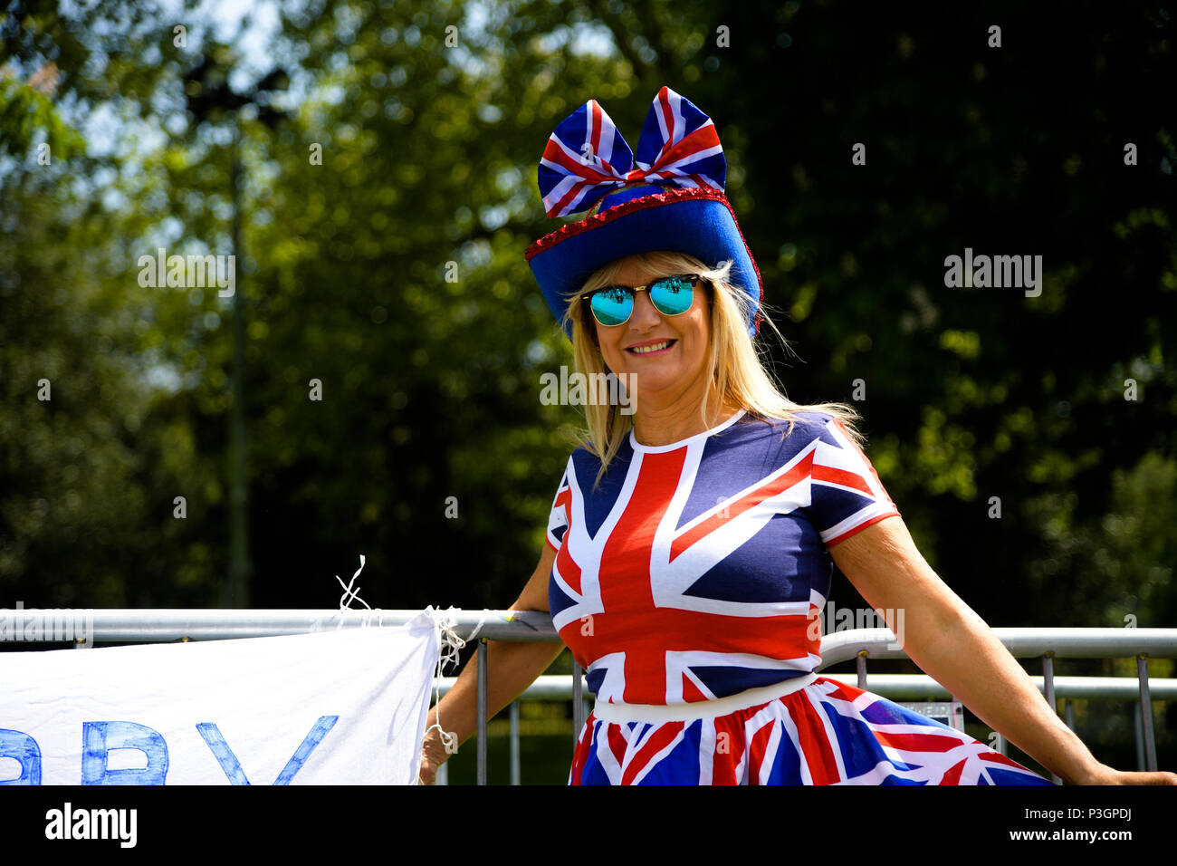 Pauline Jones Wearing A Union Jack Dress Poses Beside A Banner