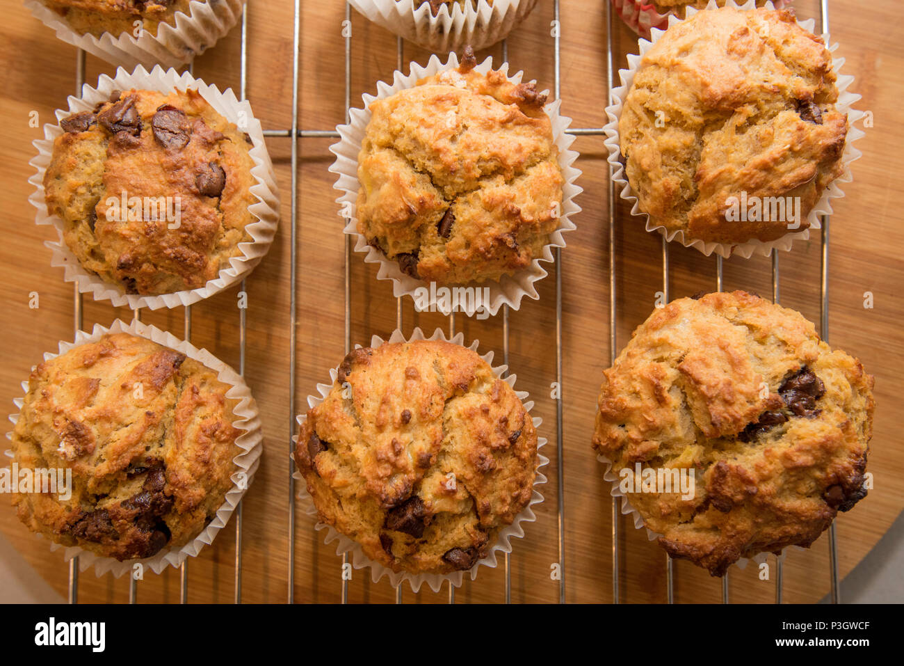 Home baked golden choc chip, banana and cereal muffins prepared in a kitchen in Sydney, Australia and cooling on a cake rack Stock Photo