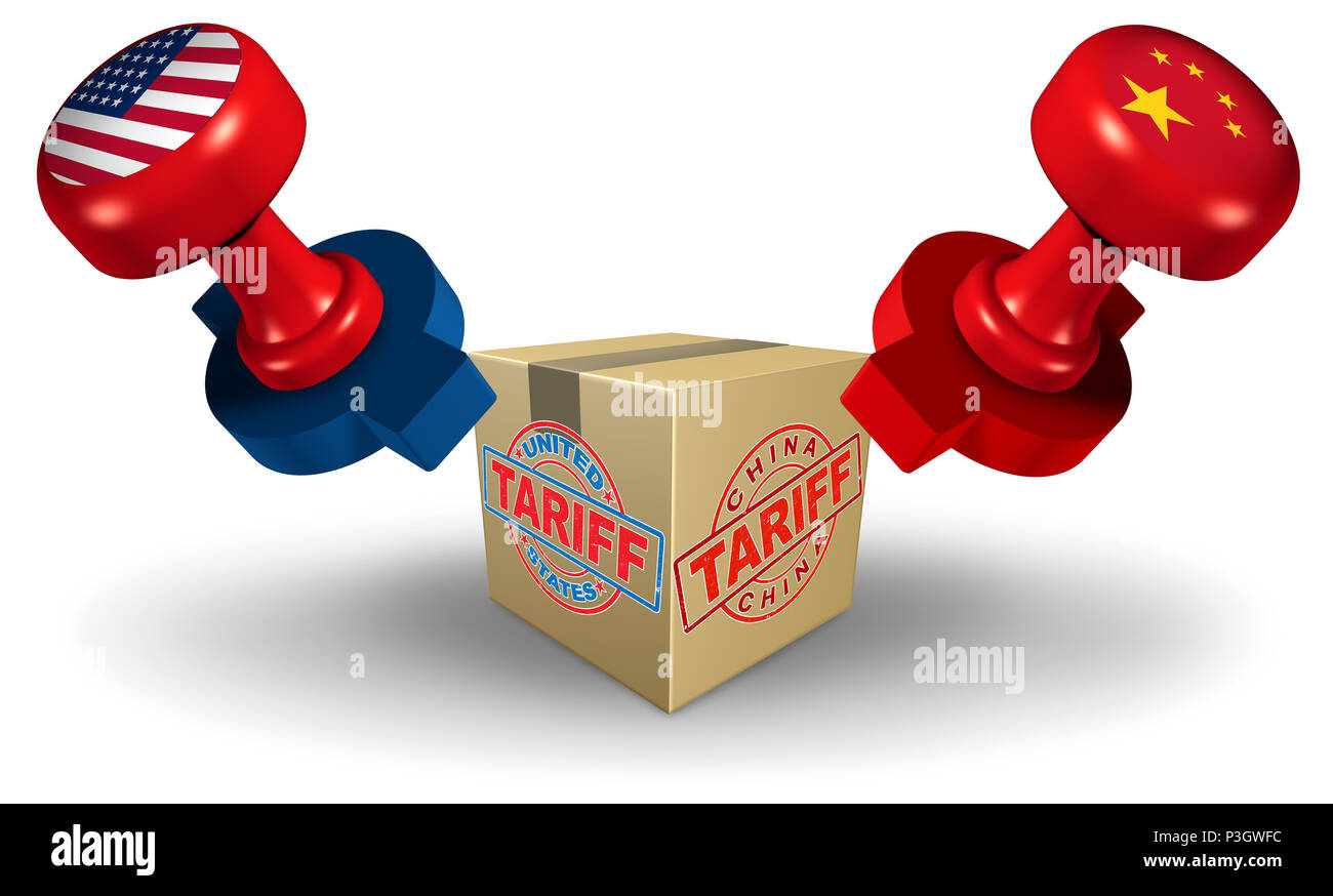 China USA tariff dispute as a trade war and United States or American tariffs as two opposing stamps on goods as an economic  taxation over import. Stock Photo