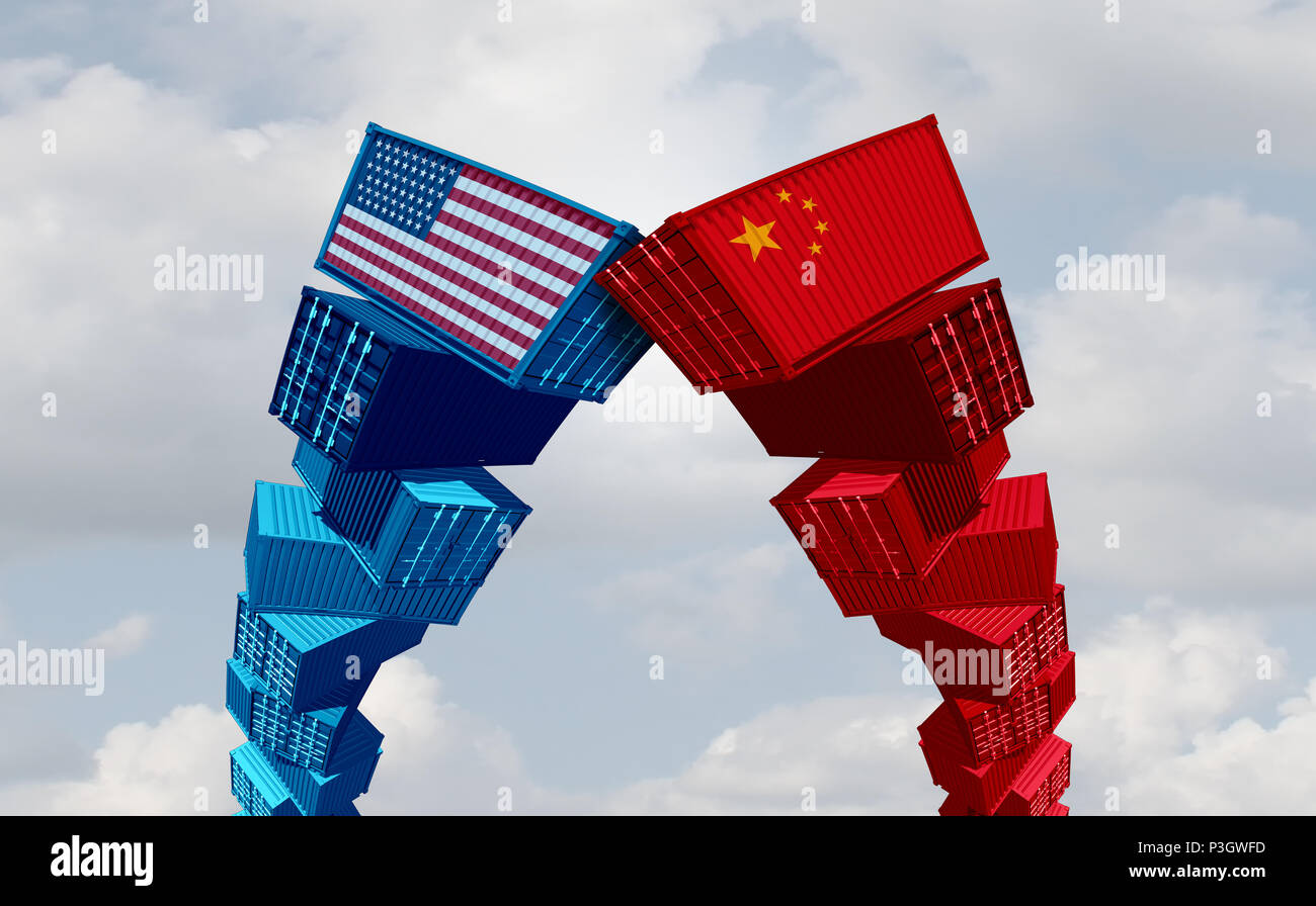 US China trade war and United States or American tariffs as two groups of opposing cargo containers as an economic  taxation dispute over import. Stock Photo