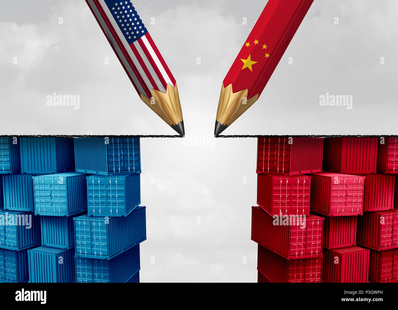 China United States trade solution and American tariffs as two opposing pencils as an economic  taxation dispute agreement over import and exports. Stock Photo