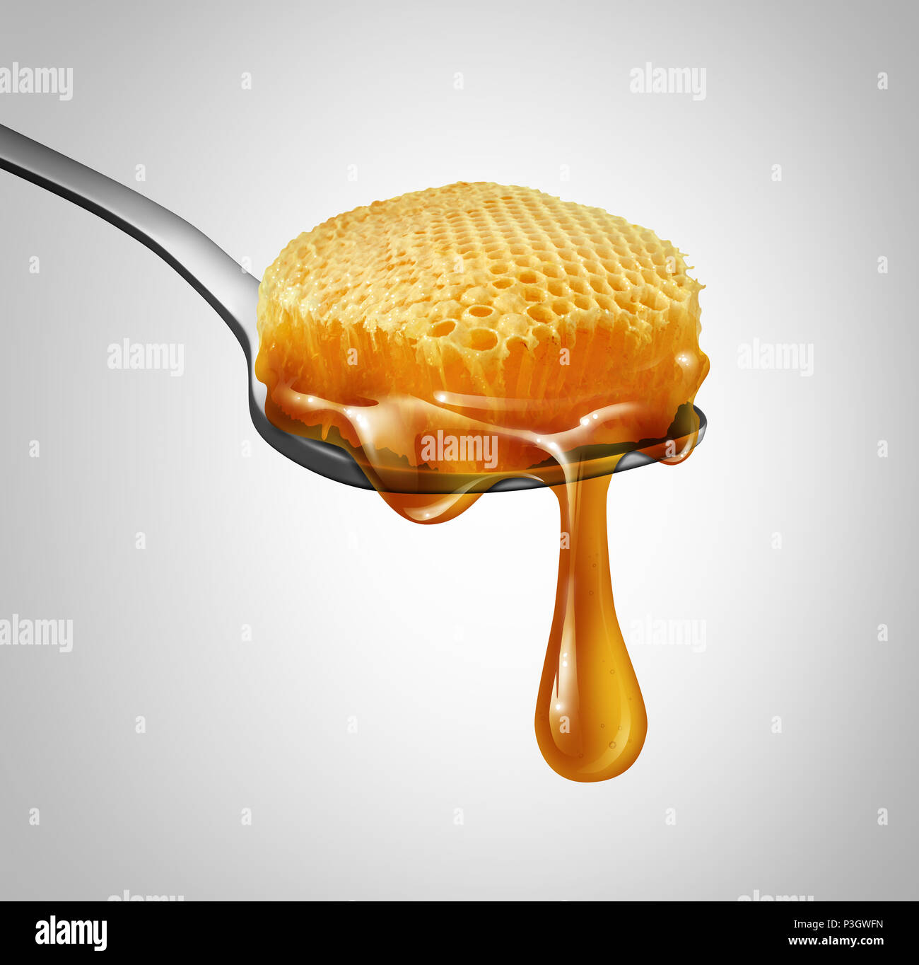 Honey dripping with a sweet bee honeycomb liquid drop on a spoon as a beekeeping and baking ingredient symbol with 3D illustration elements. Stock Photo