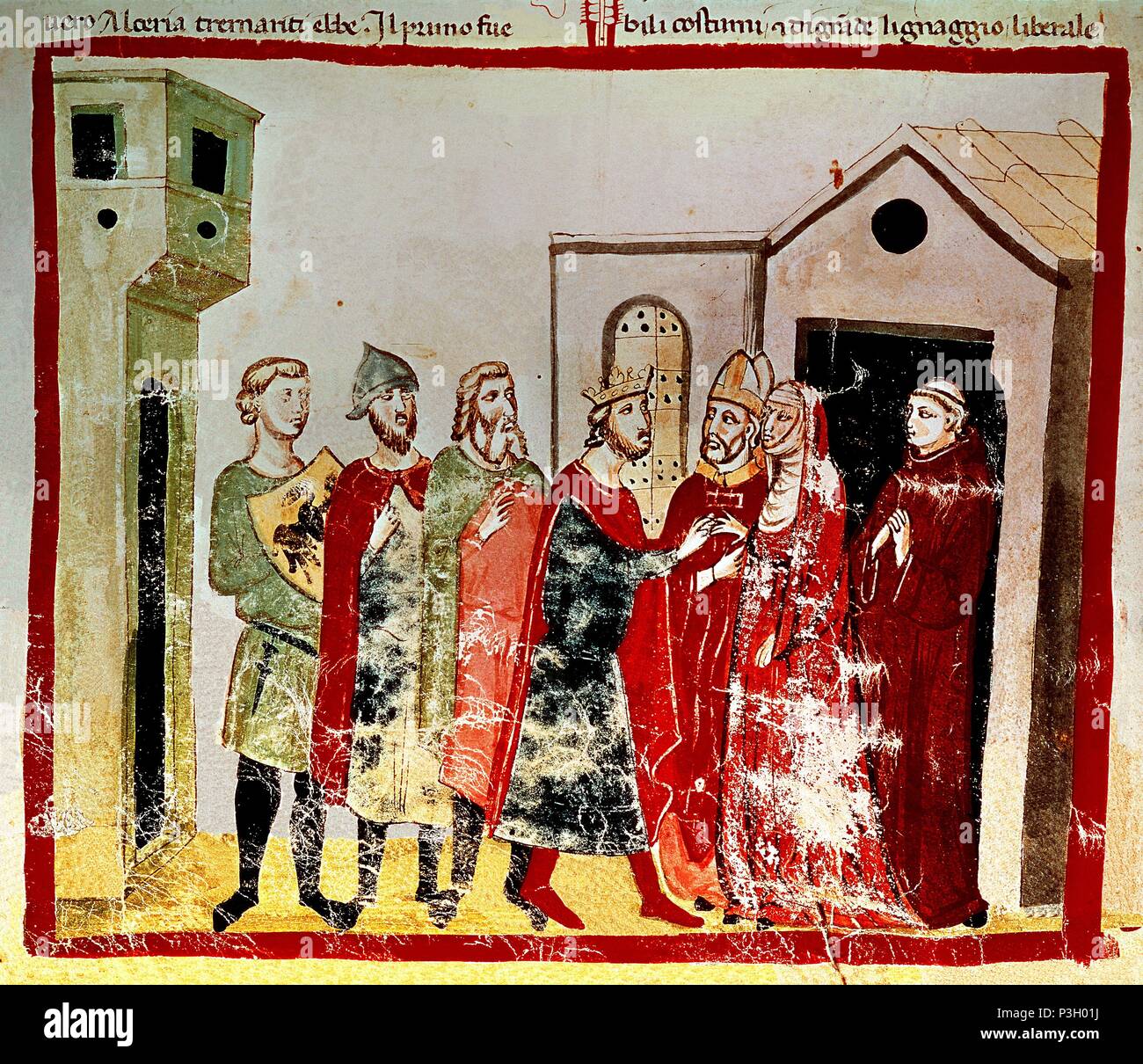 Gregory VII (Gregorio VII), pope from 1073 to 1085. Library of the Vatican. Chronicle . Audience in Canossa in 1077 - Henry IV of Germany asking for Pope Gregory VII and Matilda's forgiveness. Author: VILLANI GIOVANNI. Location: BIBLIOTECA APOSTOLICA-COLECCION, VATICANO. Stock Photo