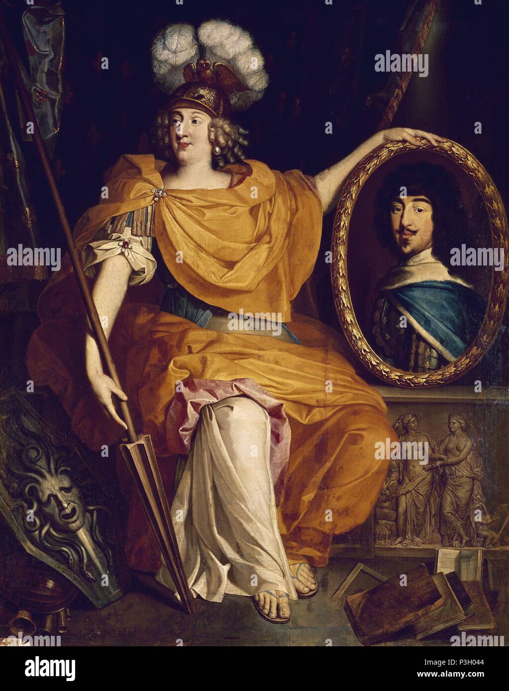 ANA MARIA LUISA DE ORLEANS DUQUESA DE MONTPENSIER COMO MINERVA CON EL RETRATO DE SU PADRE EL DUQUE ORLEANS - 1672 - O/L - 175x148 cm. Author: Pierre Bourguignon (1630-1698). Location: MUSEO PALACIO, VERSAILLES, FRANCE. Stock Photo