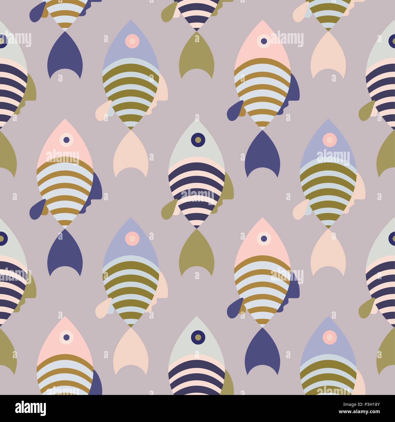 Striped cartoon fish seamless vector pattern. Stock Vector