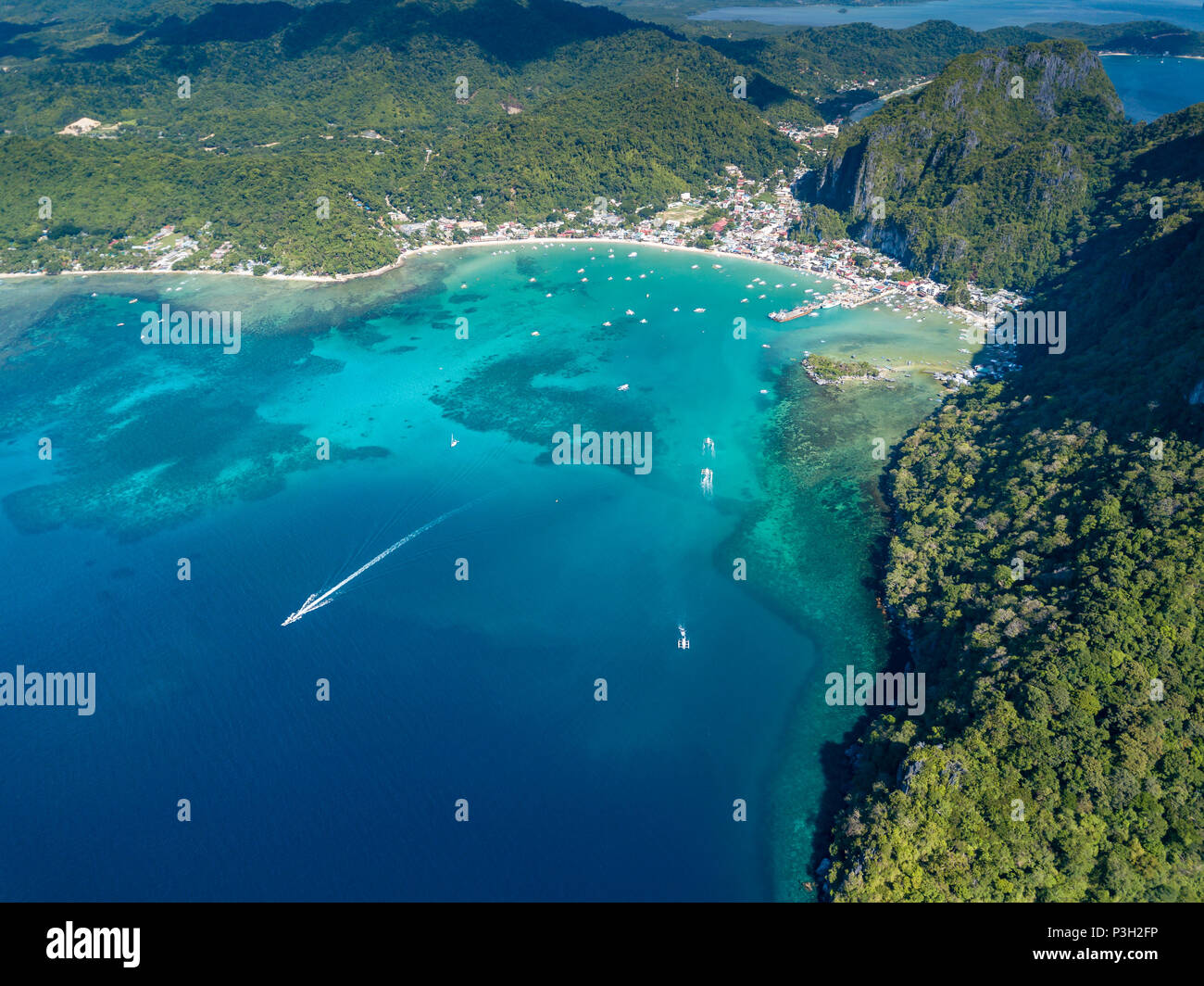Aerial drone view of the beautiful El Nido area in Palawan, Philippines Stock Photo