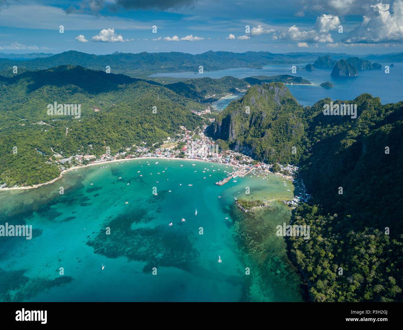 Aerial drone view of the town of El Nido in Palawan, Philippines Stock Photo