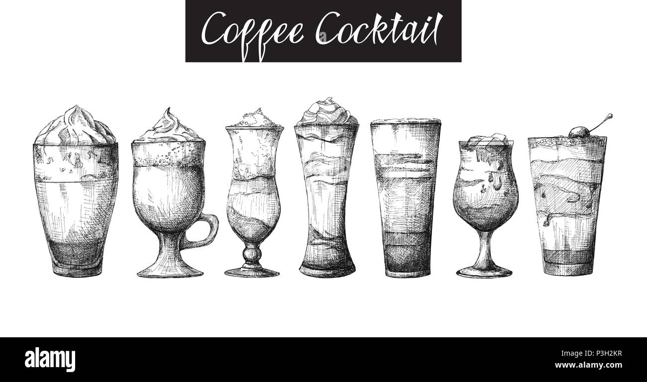 Set of different glasses, different coffee cocktails. Vector ...