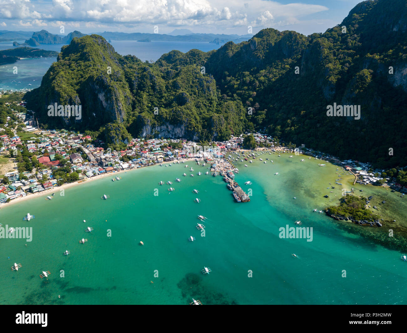 Aerial drone view of the town of El Nido on Palawan, Philippines Stock Photo