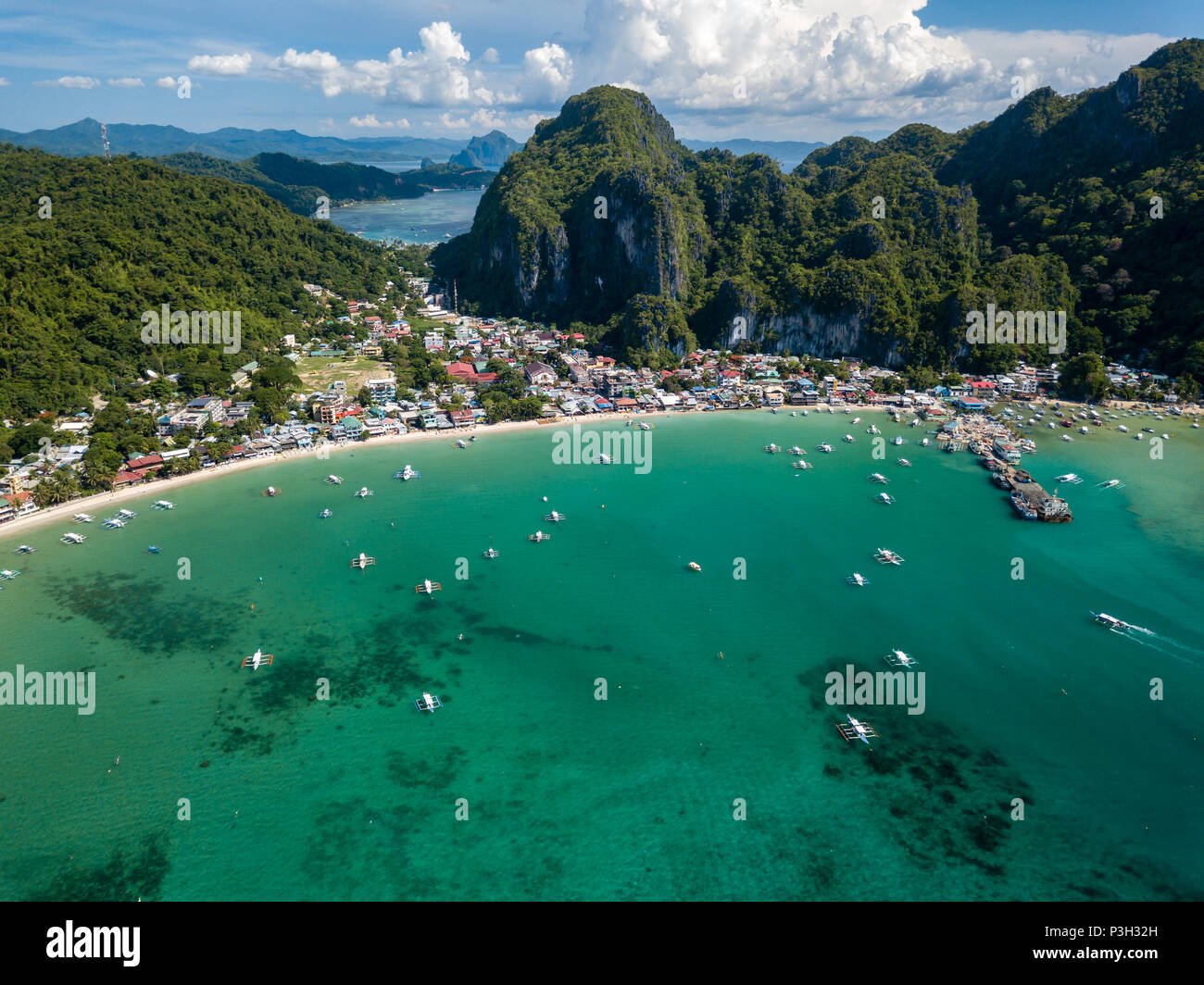 Aerial drone view of the town of El Nido on Palawan, Philippines Stock Photo