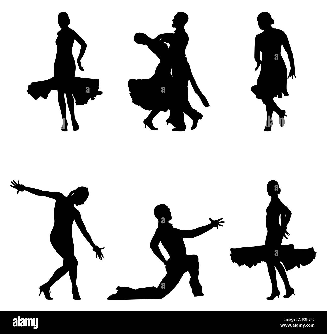 Set Dancers Black Silhouettes Sports Ballroom Dancing Stock