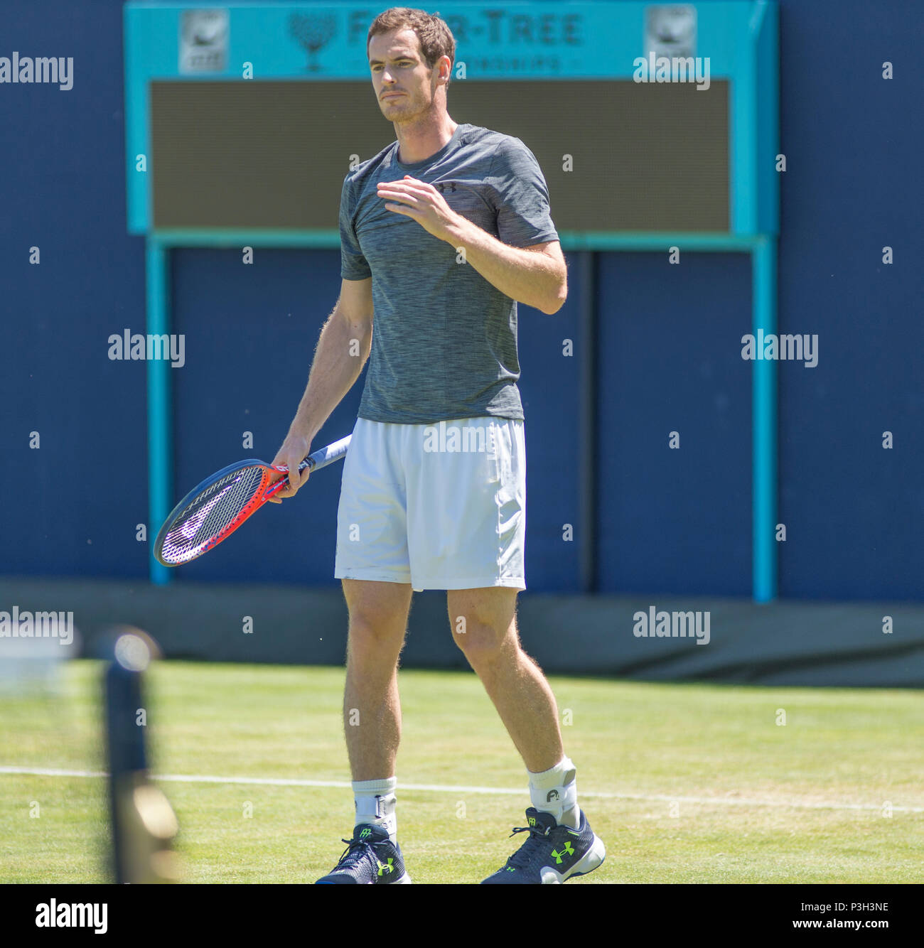 The Queen’s Club, London, UK. 18 June, 2018. Andy Murray (GBR) in an afternoon practice session on day 1 of the grass court tennis championships, a prelude to Wimbledon. Credit: Malcolm Park/Alamy Live News. Stock Photo